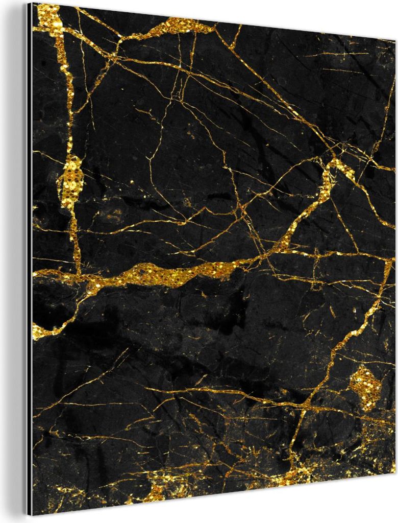 MuchoWow Wanddekoration Metall Metallbild Wandkunst 90x90 cm Marmor - Gold - Schwarz - Marmoroptik - Luxe - Glitzer MuchoWow Aluminium Gemälde - D...