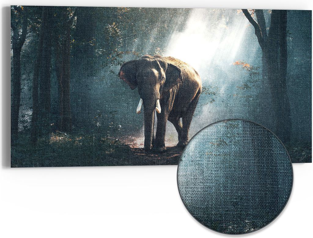 DEQORI Hybrid Leinwand Bild 60x30 cm 'Elefant im Wald' Wandbild Glas flach modern