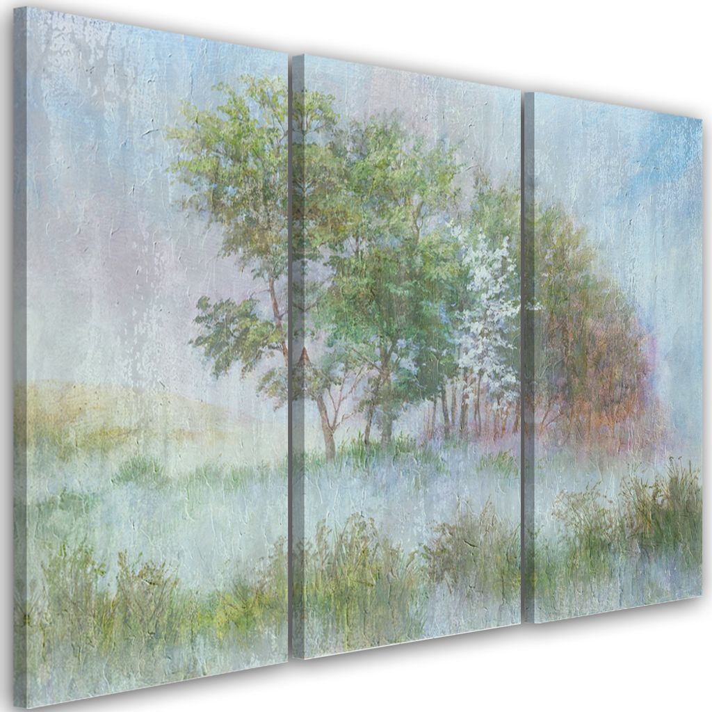 Triptychon auf leinwand bäume auf einer nebligen wiese 90x60 cm Feeby grün wandbild bereit zum aufhängen