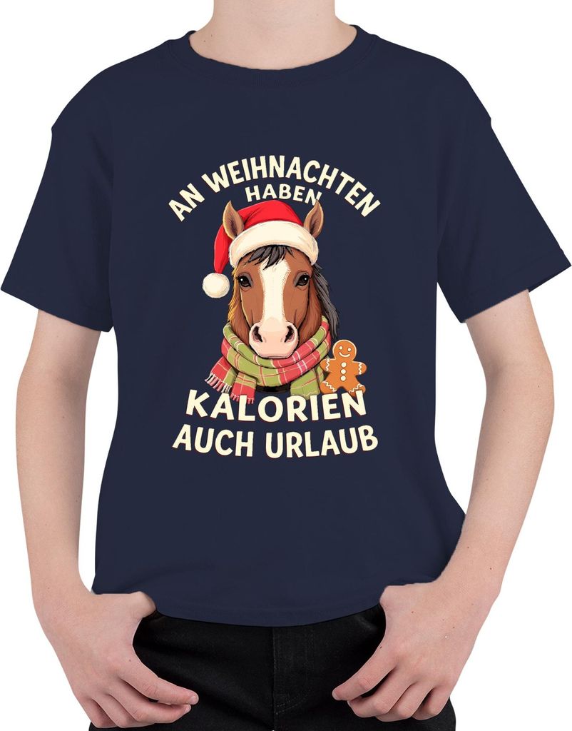 Weihnachten Kalorien auch Urlaub Pferd lustig Geschenk Reiter Uni Kinder T-Shirt, Navy, 104
