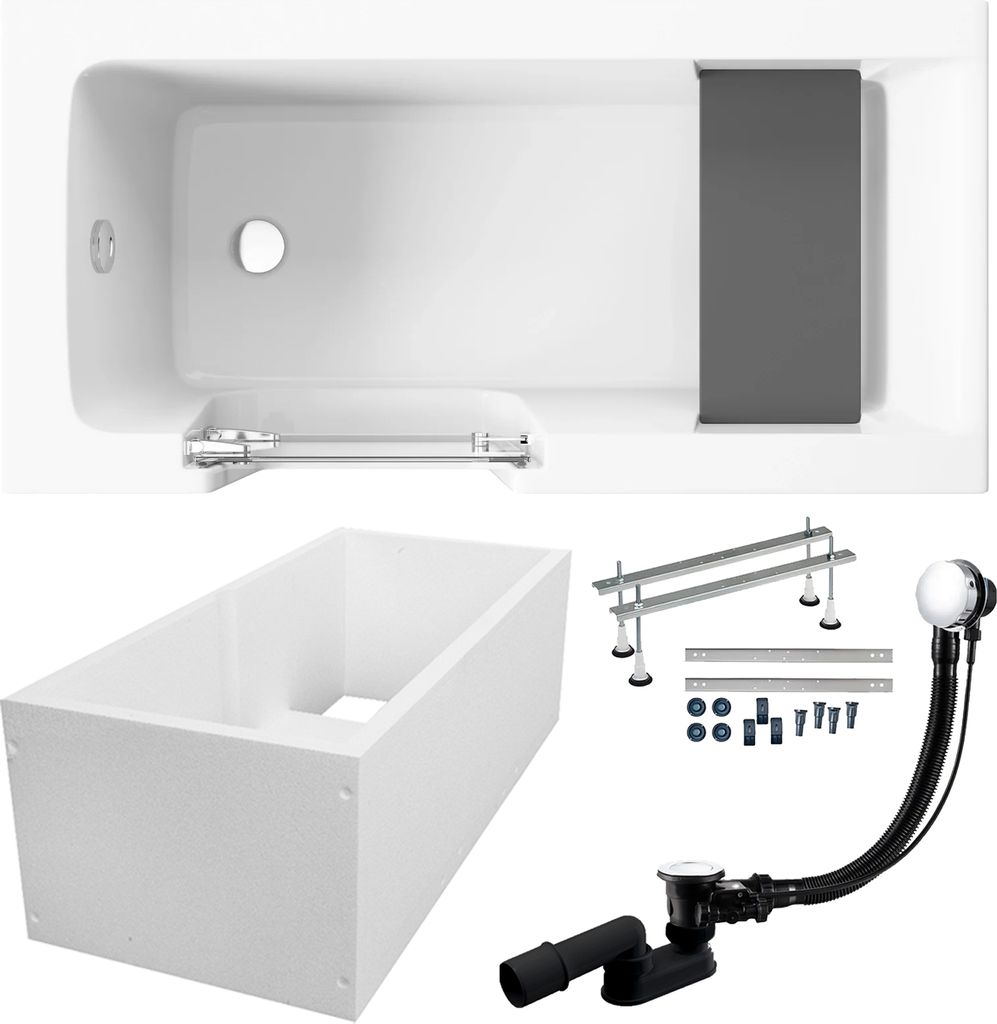 A collage of images showing a bathtub and its components, including a drain assembly and support structure.
