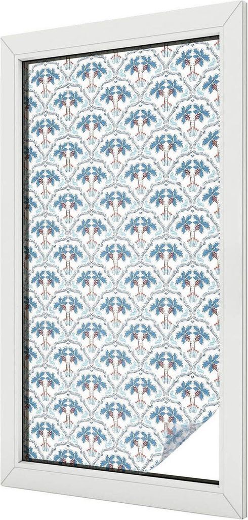 Buntglas Fensterfolie – 100x50 cm – Stained-Glass Design – blickdichte dekorative Sichtschutzfolie – selbstklebend, UV-Schutz – Blaue Palmen