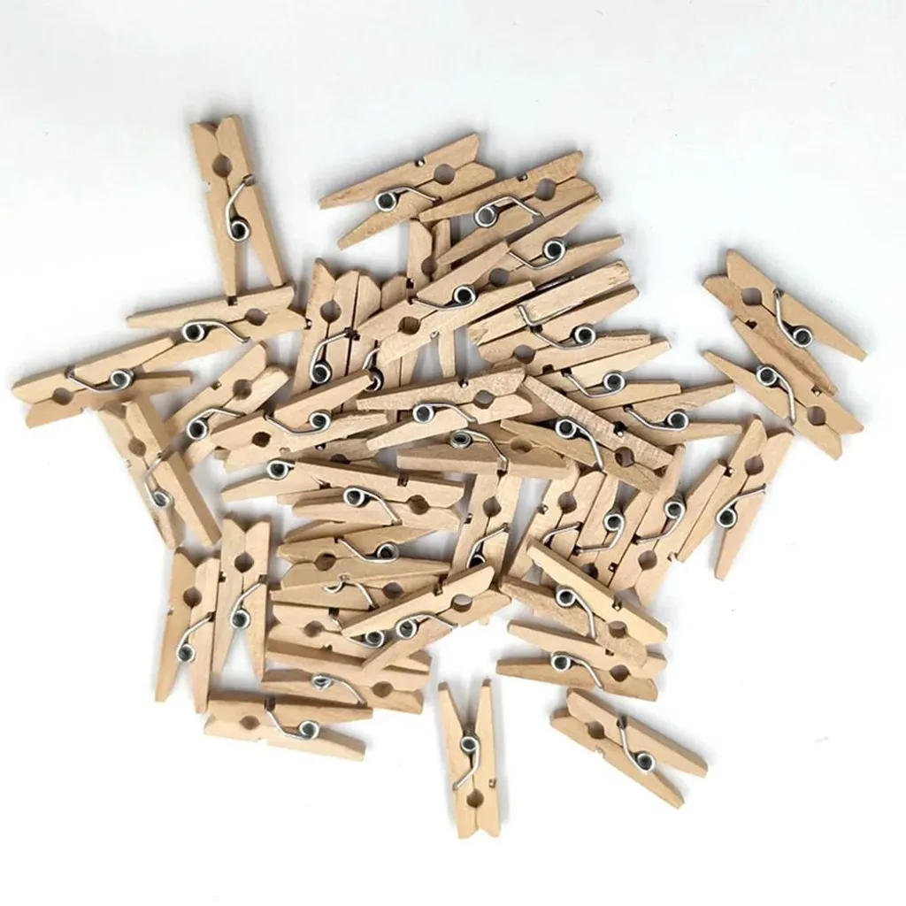 Mini pinces à linge décoratives bois jaune clair lot de 100 avec cordelette