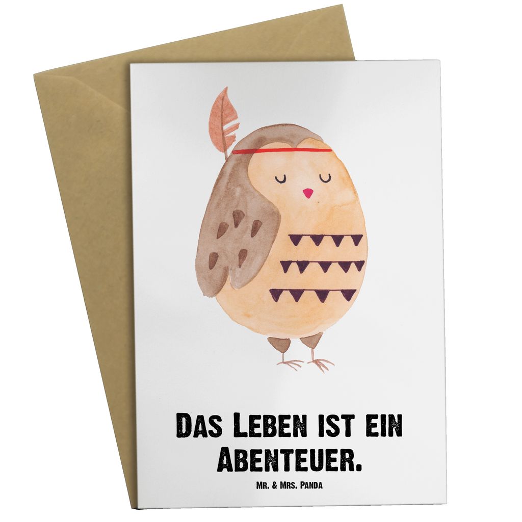 Mr. & Mrs. Panda Personalisierte Grußkarte Eule Federschmuck - Weiß - Personalisierte Geschenke, Reisespruch, entspannt, Personalisierte Glückwu...