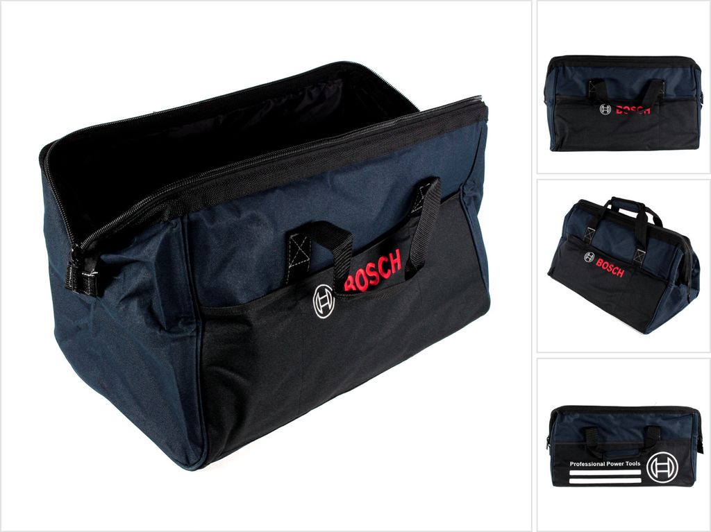 A collage of images showing a Bosch tool bag from different angles.