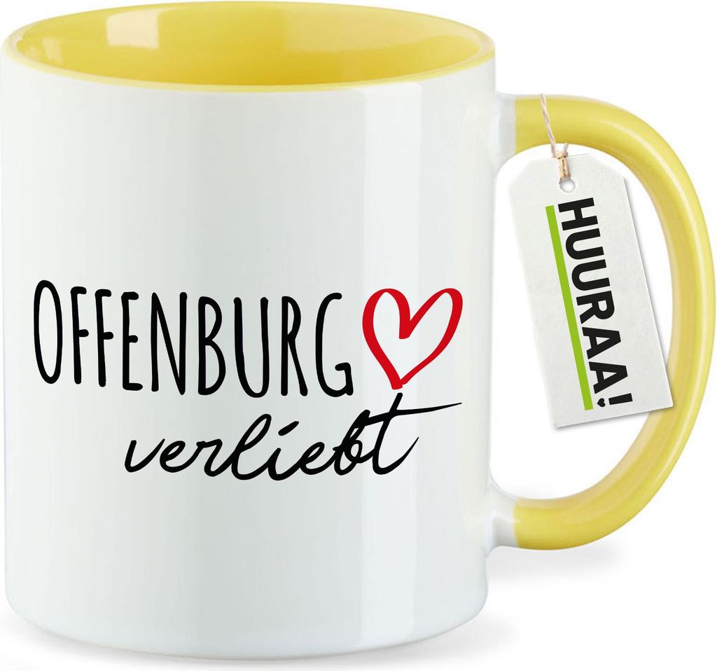 Huuraa Kaffeetasse Offenburg verliebt 330ml Gelb Keramik Kaffeebecher Geschenkidee