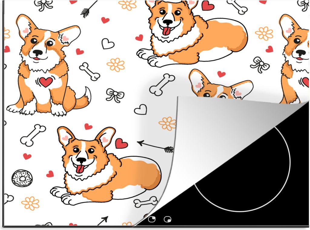 KitchenYeah Herdabdeckplatte Hund - Corgi - Muster , 57x51cm, Küche Deko, Glaskeramikfeld Herdabdeckung, Abdeckplatte fùr Kochfeld