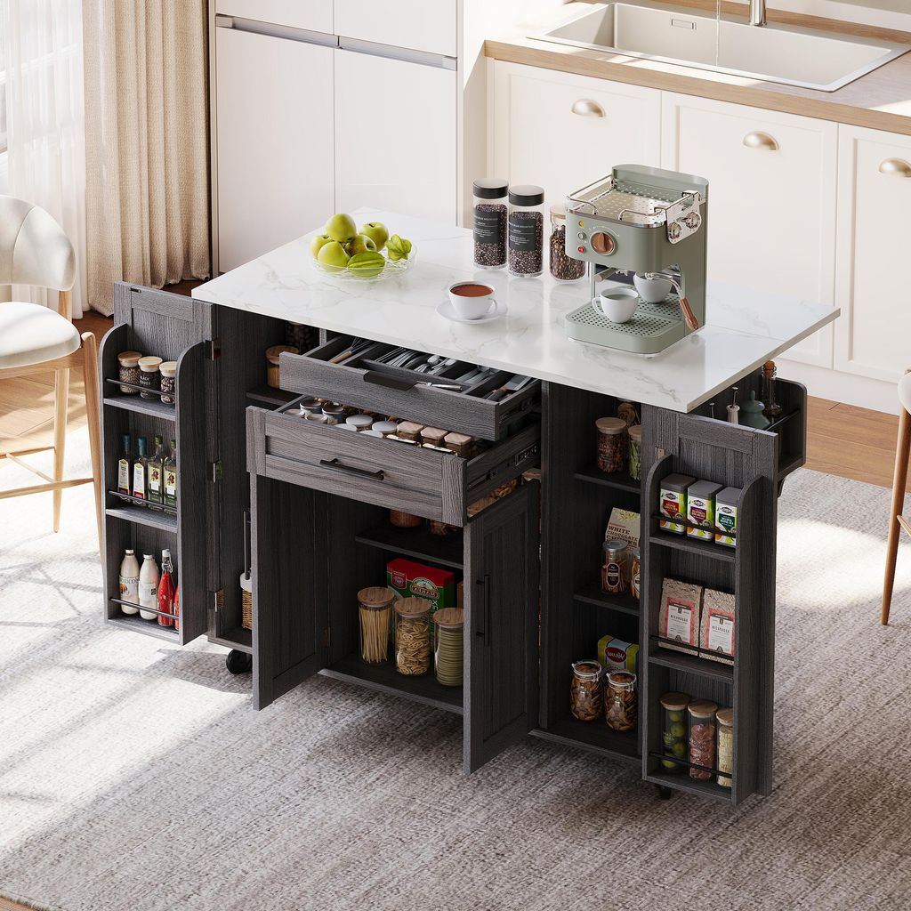 A mobile kitchen island with storage and an extendable countertop in a kitchen setting.
