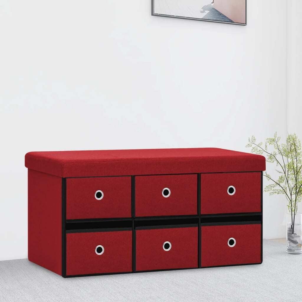 The Living Store Faltbare Sitzbank mit Stauraum Weinrot 76x38x38 cm Leinenoptik