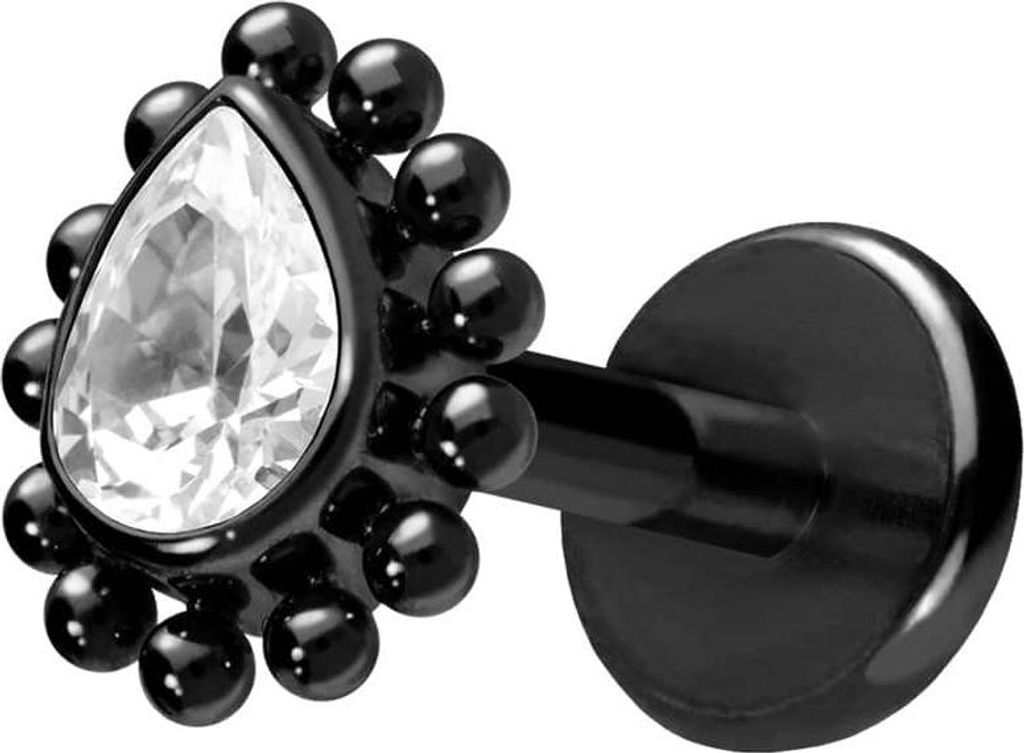 Ohrpiercing, Nasenpiercing Titan Labret mit Push Fit KRISTALLTROPFEN + KUGELN Schwarz Stablänge: 6mm | Stabstärke: 1mm