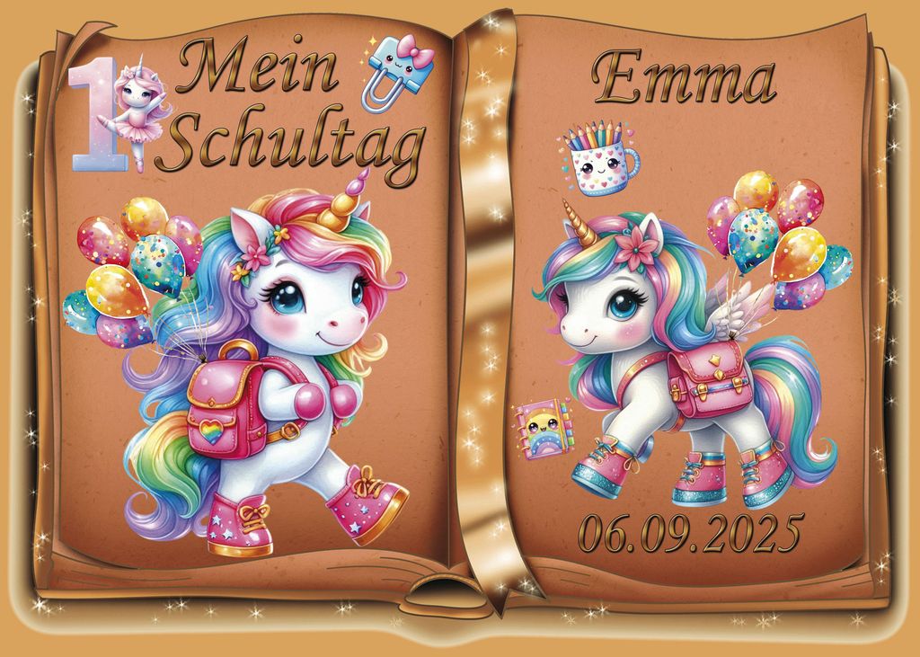 Tortenaufleger Tortendeko Fototorte Tortenbild Einhorn Regenbogen Einschulung Schulanfang 1. Schultag Schuleinführung SE07 (Zuckerpapier) DIN A5 o...
