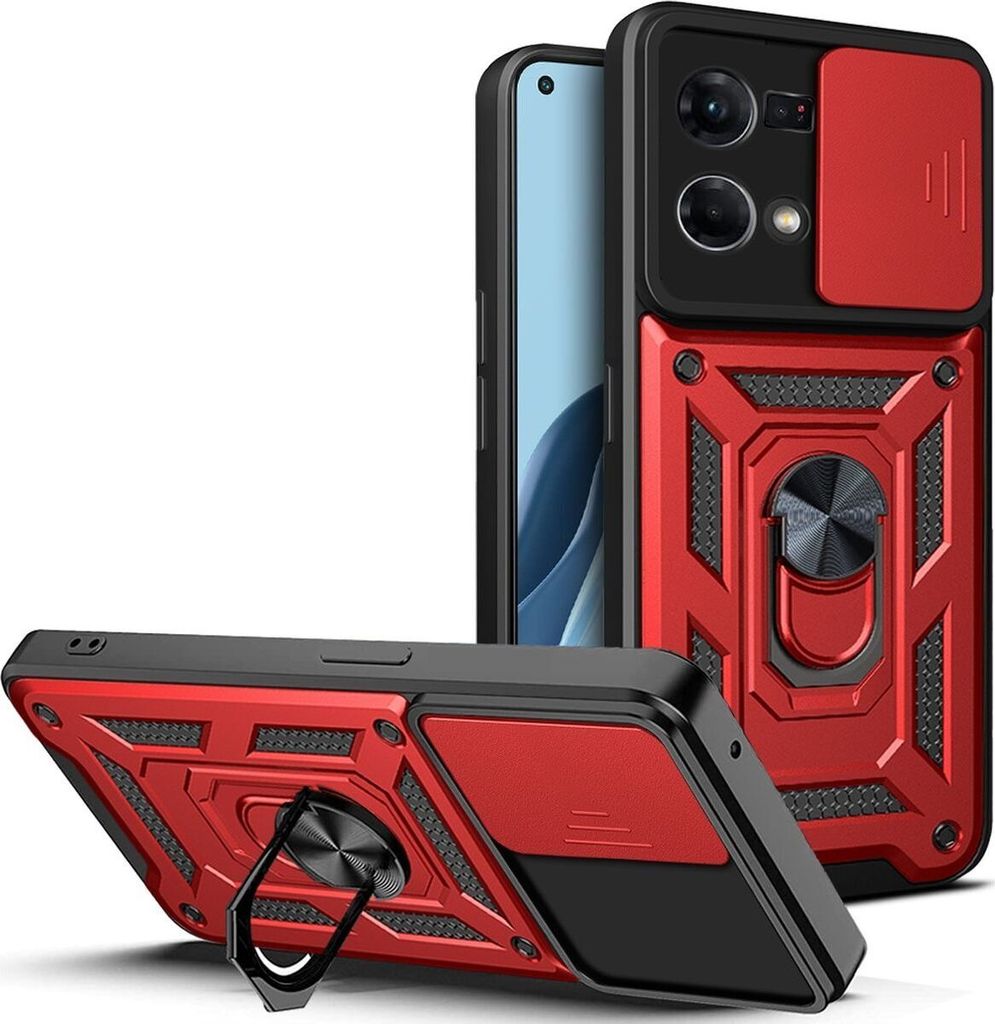 Mobigear Armor Ring Cam Slide OPPO Reno 7 4G Hülle Hardcase Backcover Stoßfest mit Ringhalter und Kamera Slider - Rot