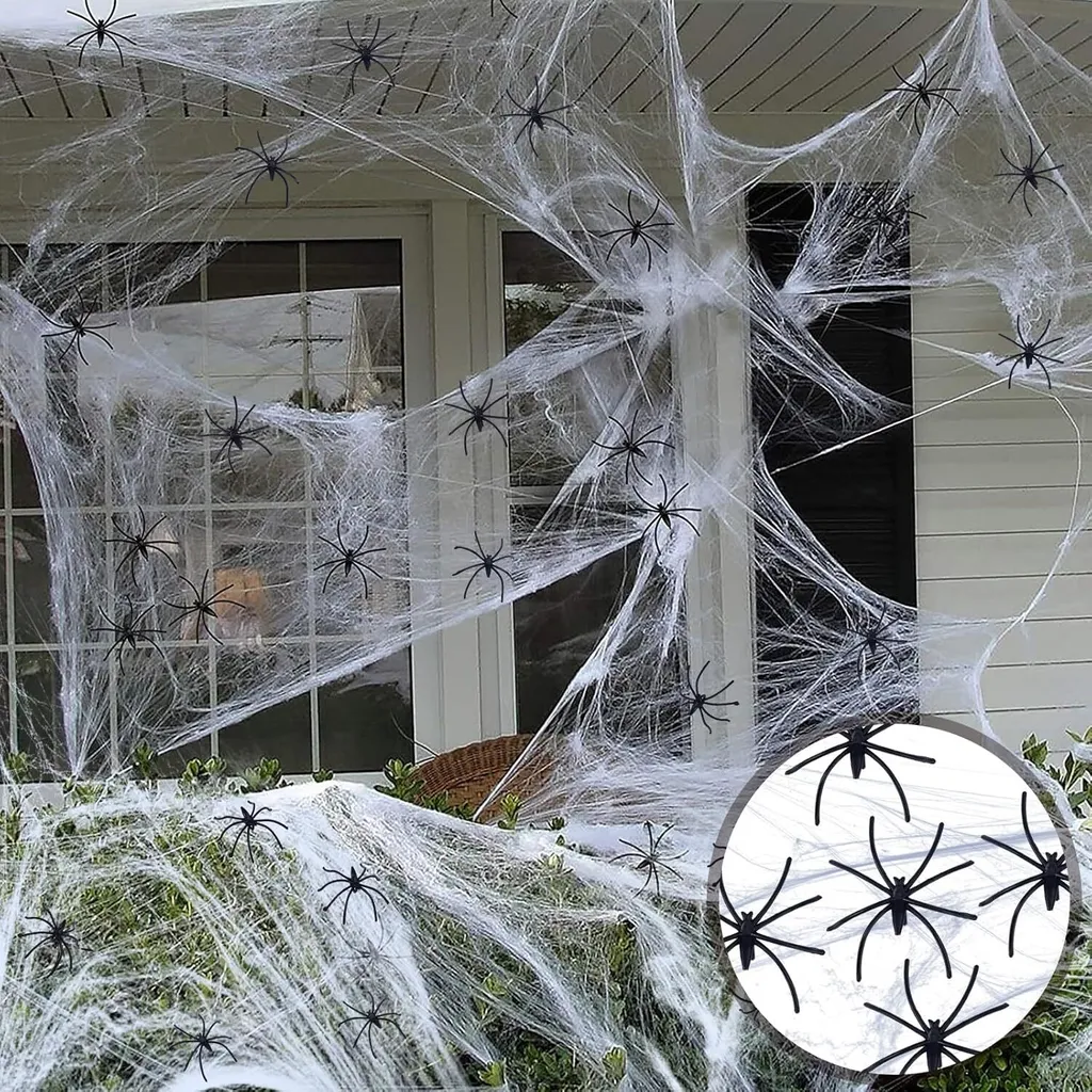 Décoration Halloween Toile d'araignée extensible 290g et araignées
