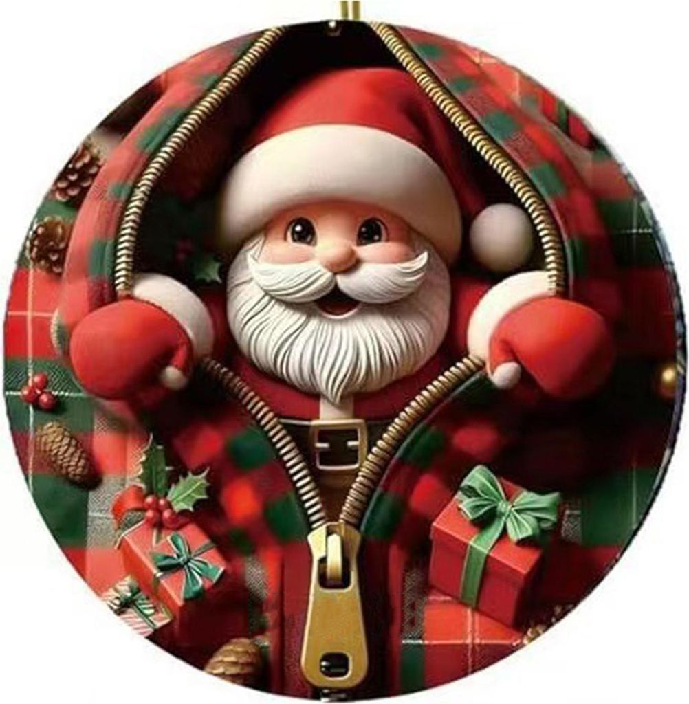 Weihnachtsschmuck: Weihnachtsmann, Rentier, Pinguin und Lebkuchenmann im rot-karierten Reißverschluss-Design, runder 2D-Acryl-Weihnachtsbaumschmuck