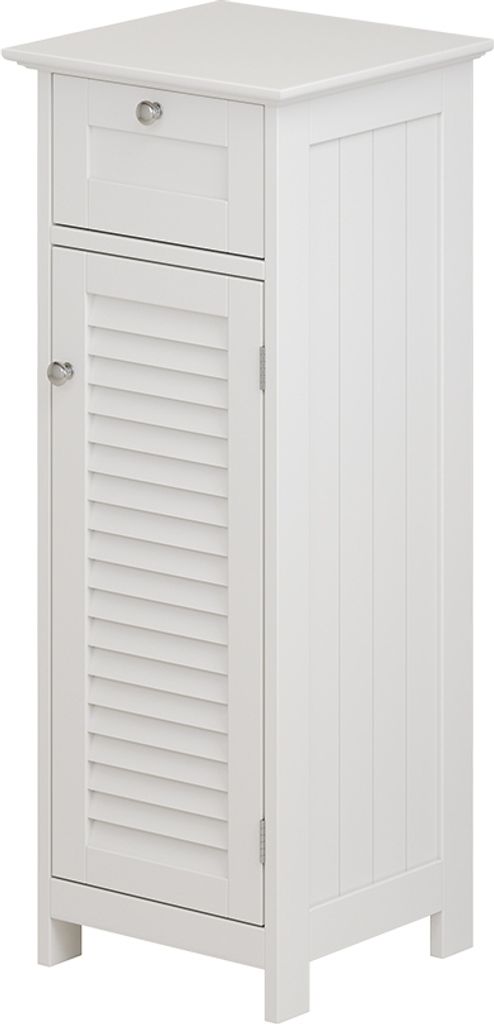 A white cabinet with a drawer and a louvered door.
