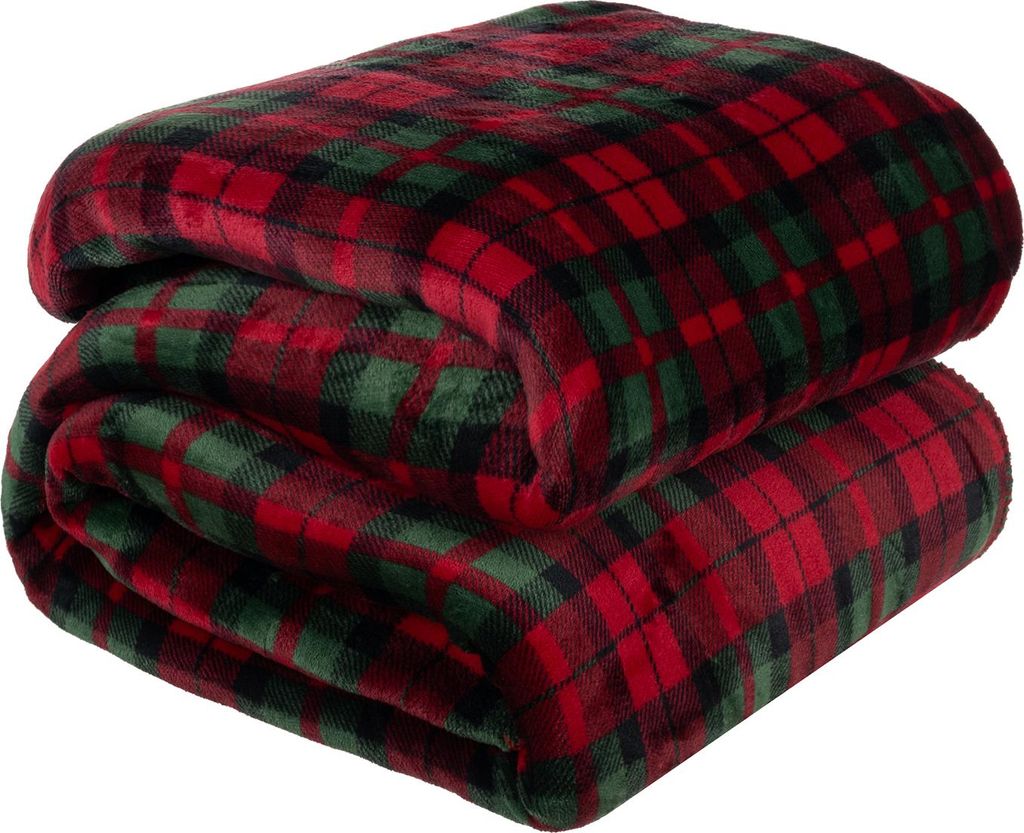A folded plaid blanket.