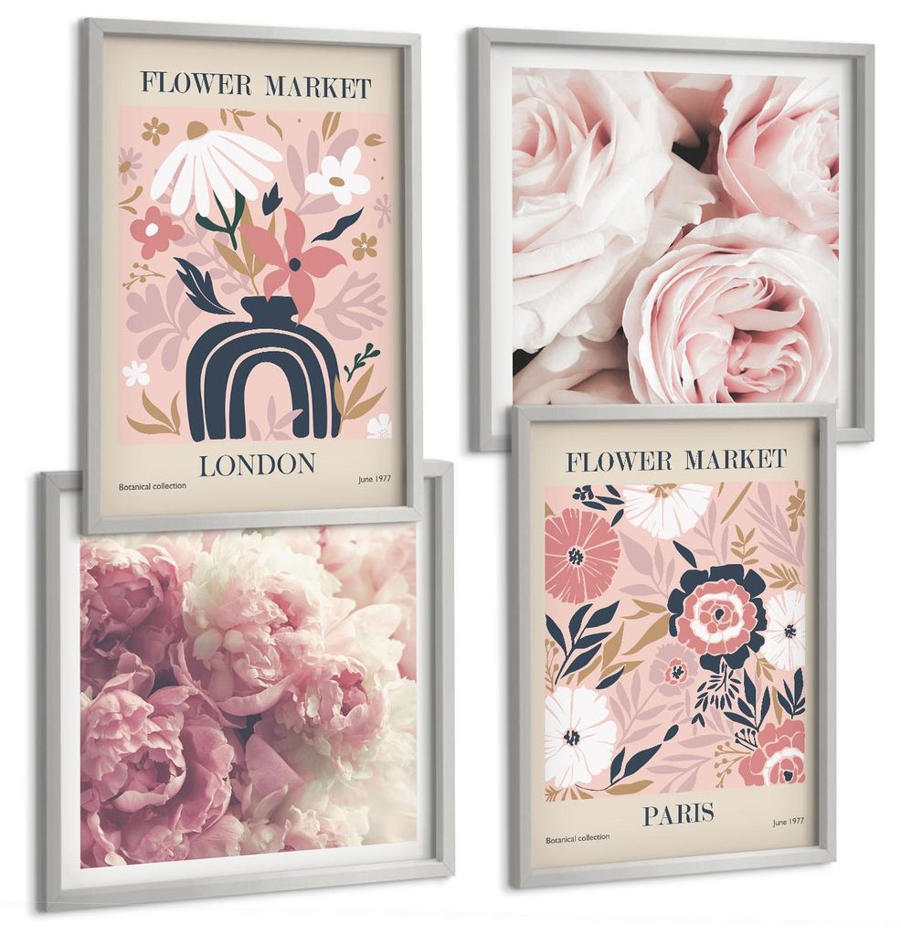 Bilder Set 4-teilig im silbergerahmten Rahmen – Wandbilder 4 Stück – gerahmte Poster für Wohnzimmer, Schlafzimmer und Flur – 50x50 cm - 40x...