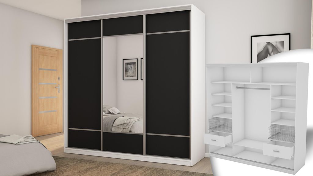 Schwebetürenschrank 3D/220 in Weiß/Schwarz mit Spiegel – 220x220x64 cm