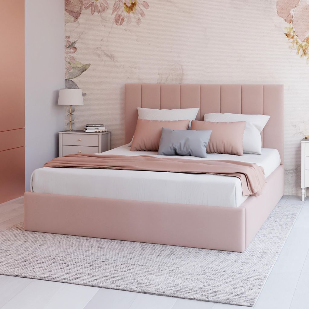 FDM Bett Kaja Trinity 180x200 cm Polsterbett mit Lattenrost aus Metall Bettkasten Stauraumbett Samt rosa