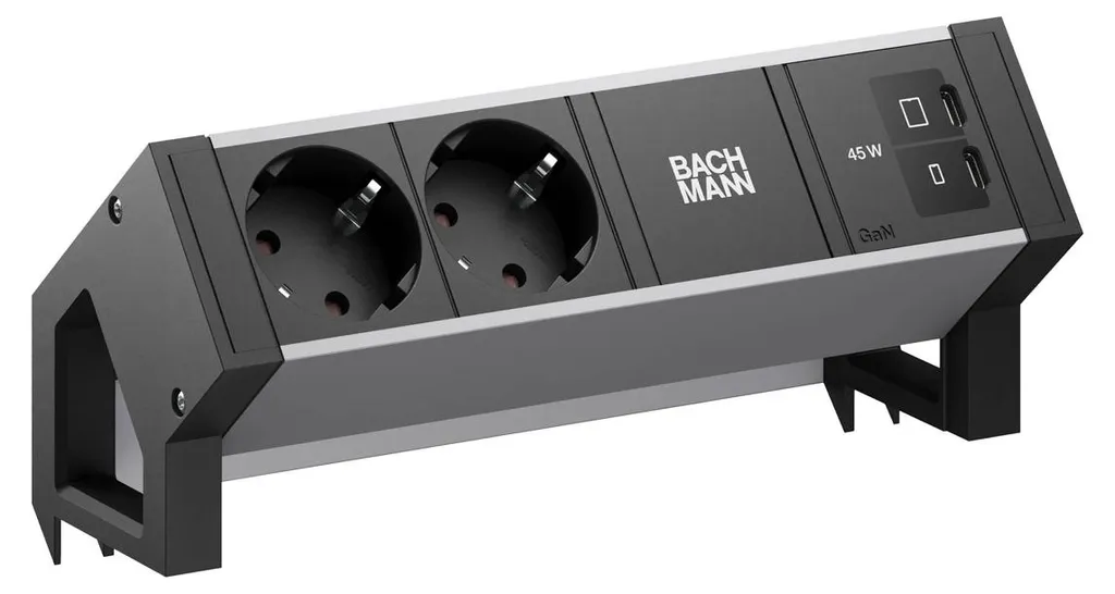 Bachmann DESK2 Bloc Prise Noir avec USB-C 45W 2xCEE7/3 RAL 9005 0,2m