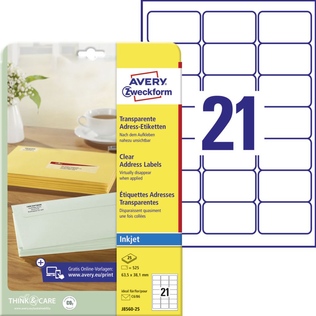 Avery Zweckform J8560-25 Adress-Etiketten, A4, 63,5 x 38,1 mm, 25 Bogen/525 Etiketten, transparent