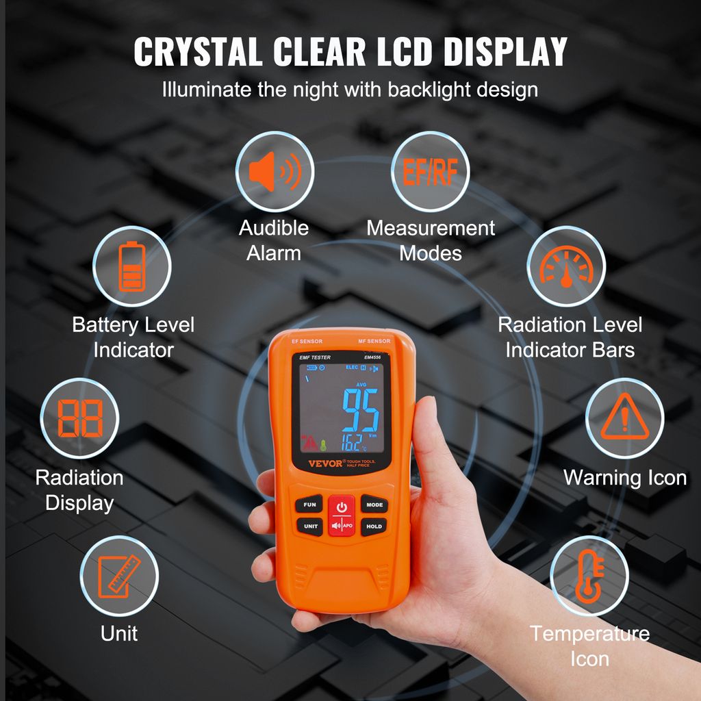 VEVOR 3-v-1 EMF meter, 5 Hz-6 GHz, prenosný dobíjateľný Obrázok produktu 5