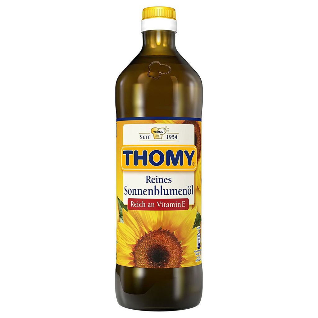 A bottle of Thomy sunflower oil against a white background.