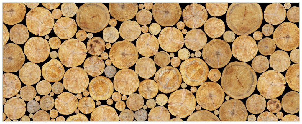 Wallario Premium Glasbild, freischwebende Optik, kräftige Farben, Größe 80 x 32 cm Motiv Holzstapel rund