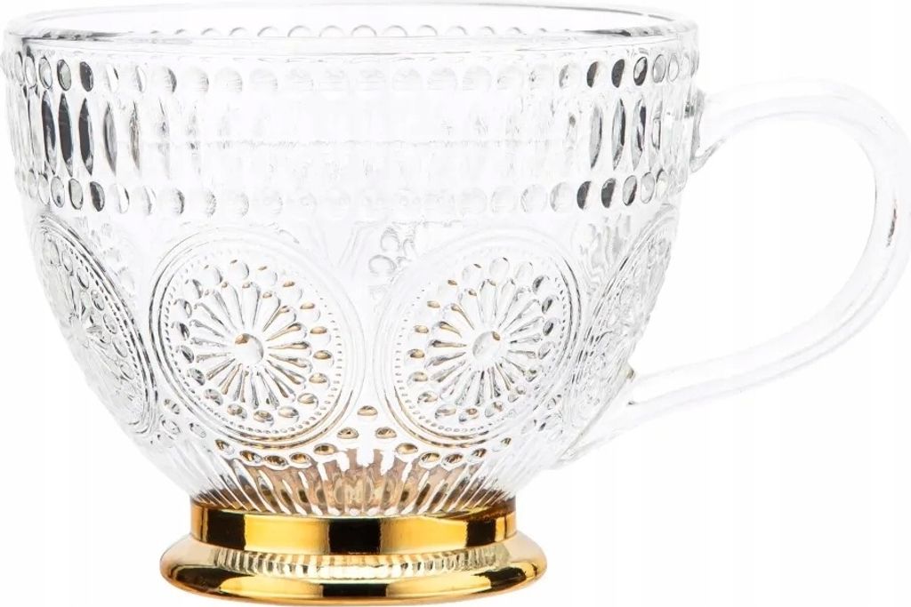 Glasbecher mit Gänseblümchenmuster und goldenem Fuß 430 ml Produktbild 