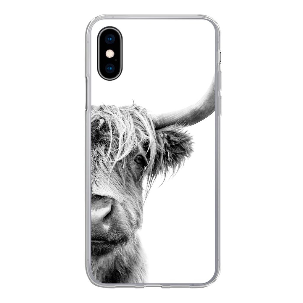 MuchoWow Handyhülle Schutzhülle Hülle für iPhone X Schottischer Highlander - Tiere - Schwarz - Weiß Silikon Softcase Handy Hülle - Handyhülle