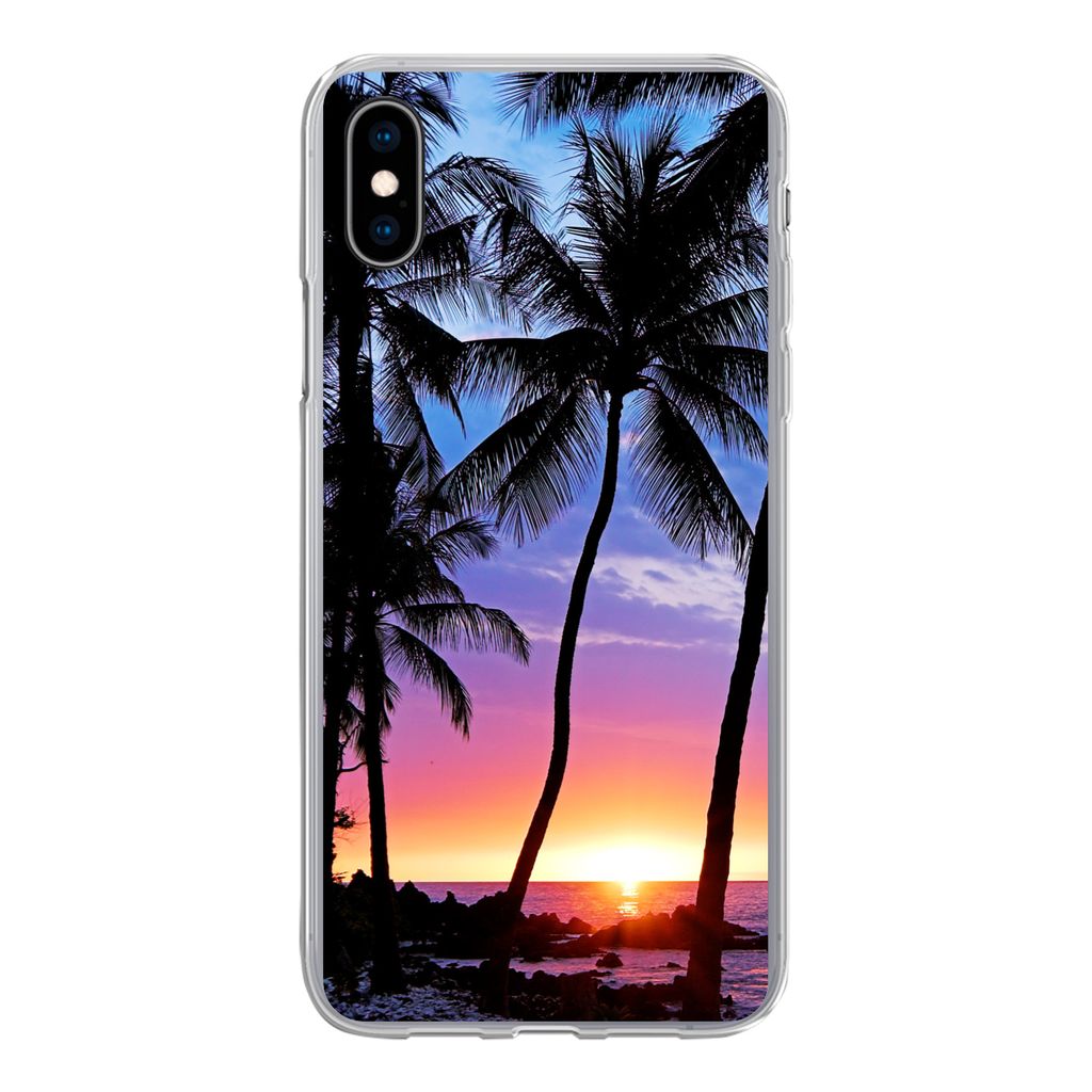 MuchoWow Handyhülle Schutzhülle Hülle für iPhone Xs Eine Silhouette von Palmen während eines Sonnenuntergangs auf Hawaii Silikon Softcase Ha...