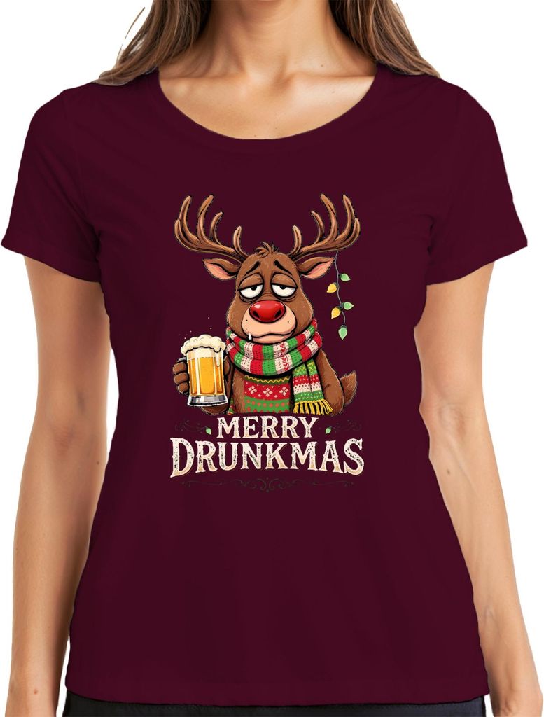 Merry Drunkmas Rentier Bier Weihnachten lustig Geschenk Retro Damen T-Shirt, Burgundy, XL