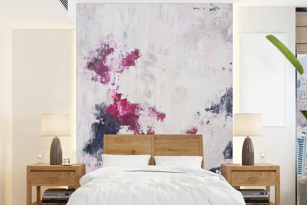 MuchoWow Fototapete für Wohnzimmer oder Schlafzimmer Wandtapete Vinyl Motivtapete Rosa - Grau - Farbe - Abstrakt - 205x280 cm - Wandbild