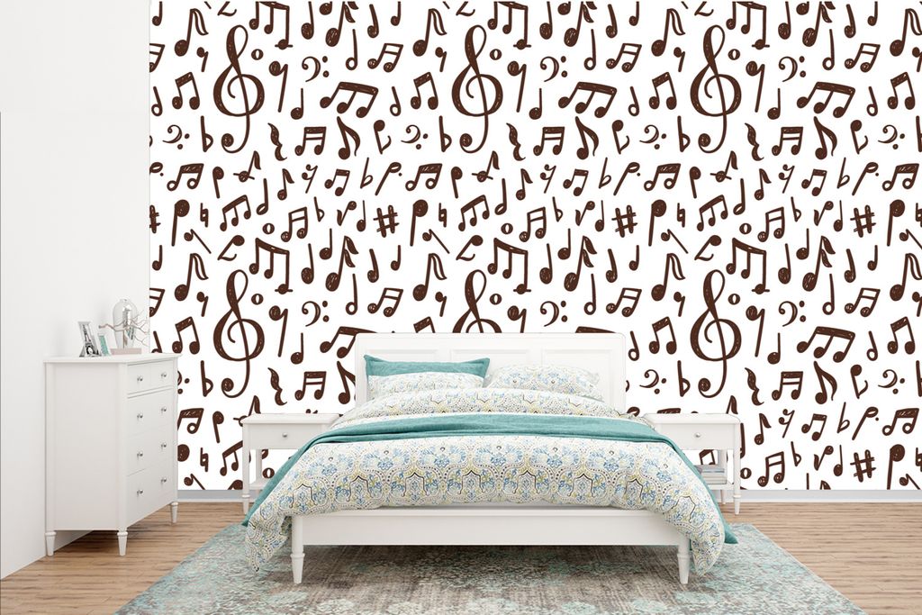 MuchoWow Fototapete für Wohnzimmer oder Schlafzimmer Wandtapete Vinyl Motivtapete Musiknoten - Muster - Musik - 385x240 cm - Schlafzimmer-Tapete