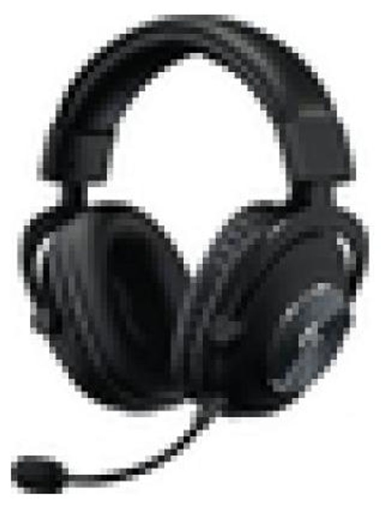 A black gaming headset with a microphone is shown against a white background.