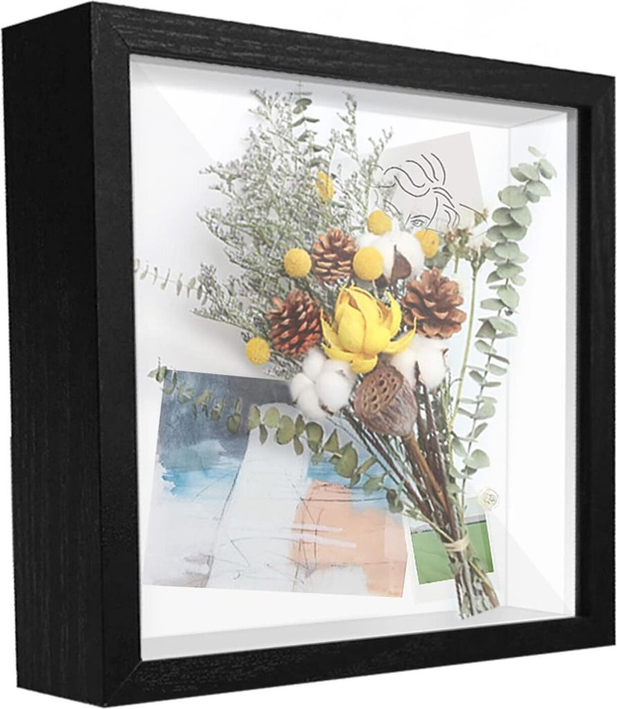 OKWISH Fotorahmen - Fotos 3D Bilderrahmen aus Holz für Objekte, Blumen, Erinnerungsstücke 25.3x25.3cm Schwarz