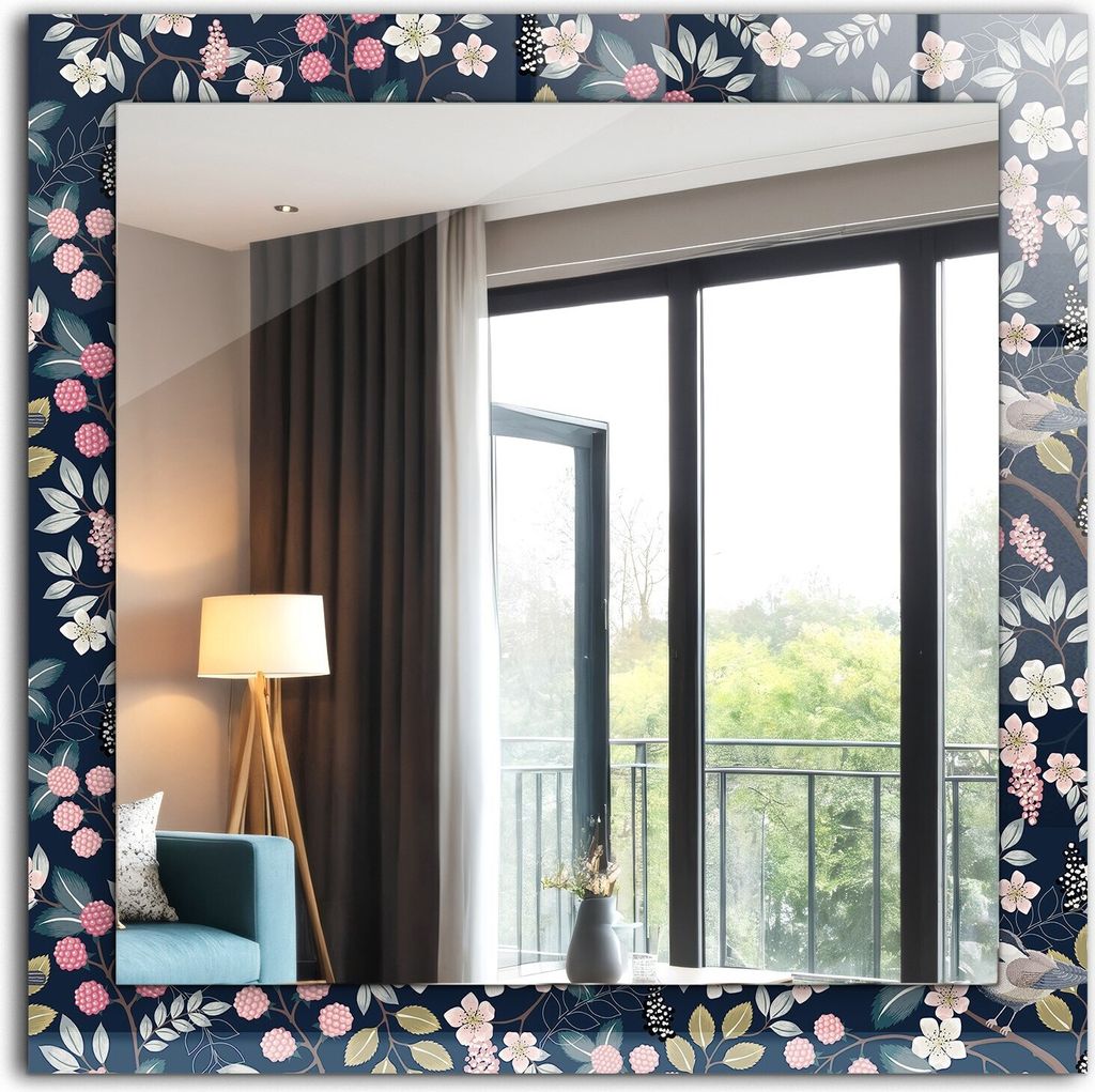 Dekorativer Wandspiegel - Bedruckter Spiegel - Motiv - 60x60 cm - Blumen Hinterlässt Vögel