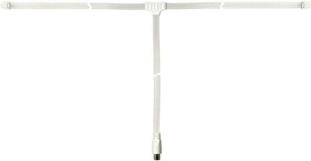 A white T-shaped antenna with a coaxial connector at the bottom, isolated on a white background.