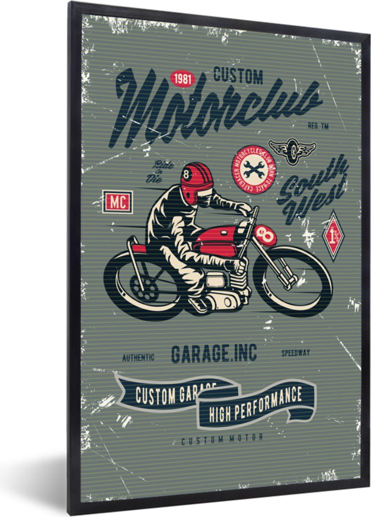 MuchoWow MuchoWow Gerahmtes Poster Motorrad - Sport - Retro - Zeichnung 40x60 cm - Poster mit zchwarzem Bilderrahmen - Papierdruck - Wandbilder