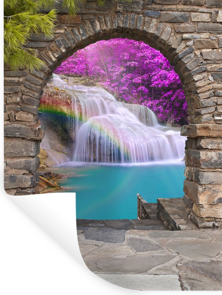 MuchoWow Wandtattoo Wandsticker Wandaufkleber Blumen - Regenbogen - Wasserfall - Ausblick 60x80 cm Selbstklebend und Repositionierbar - Repositio...
