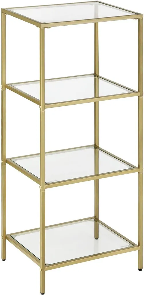 Bibliothèque de Rangement en Verre et Métal Doré Style Chic 4 Étages