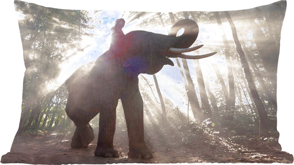 MuchoWow Zierkissen Sofakissen Wohnzimmer Dekokissen 50x30 cm Elefant mit Person in hellem Sonnenlicht - Wohnzimmerdekoration - Polster mit Photo