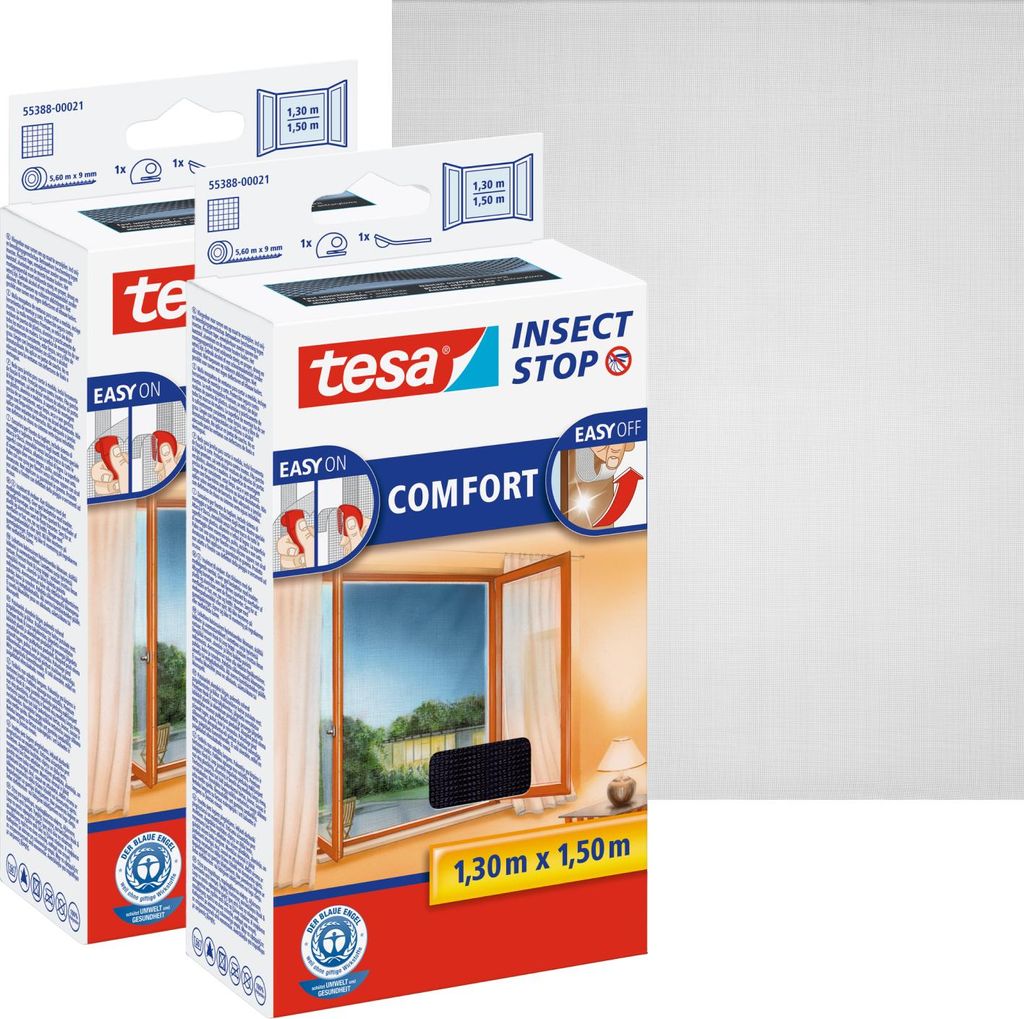 tesa 2x Fliegengitter Comfort Insektenschutz Fenster ohne Bohren grau 1,3x1,5 m