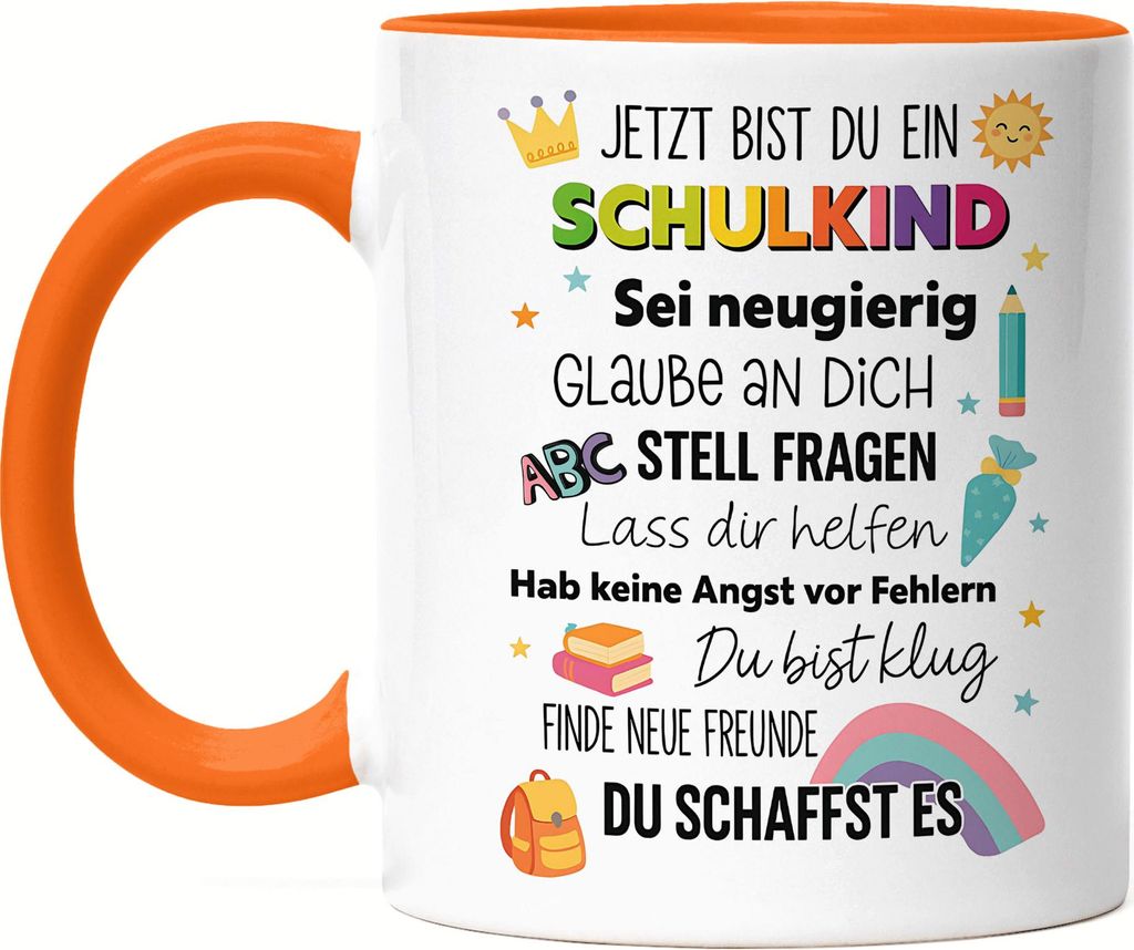 Schulkind Einschulung Tasse Orange Geschenk Erstklässler Mädchen Junge ABC Schule Beginn Motiv originelle Deko Idee