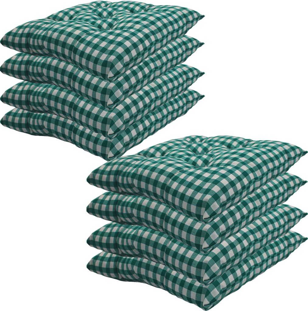 Stuhlkissen 38x38 cm ComfySeat - Sitzkissen mit 6 cm Comfort Sitzpolster - Indoor & Outdoor, Farbe:Karo-Grün, Set:8er Set