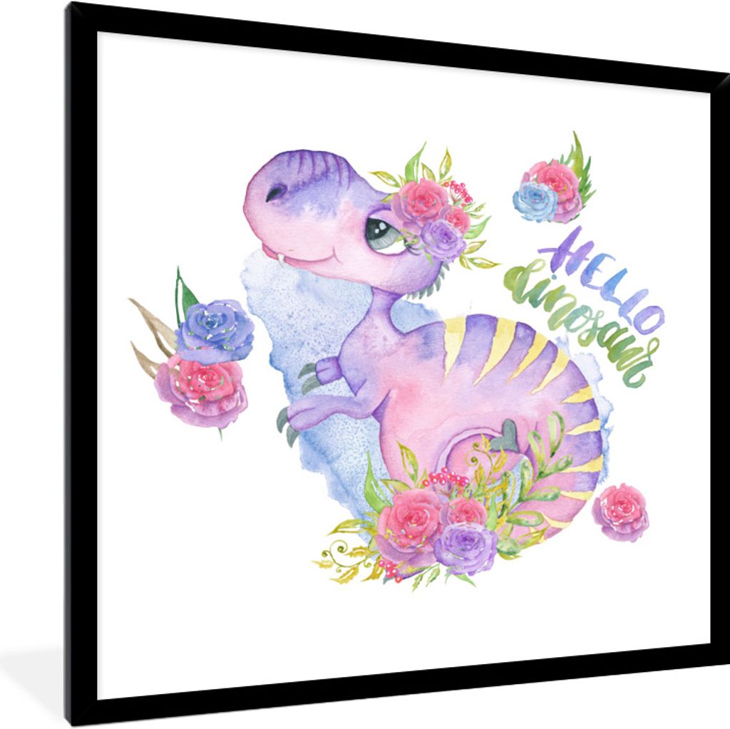 MuchoWow Gerahmtes Poster Dinosaurier - Kinderzimmer - Zitat - Mädchen - Kinder - Rosa 40x40 cm - Poster mit Schwarzem Bilderrahmen Wandposter R...
