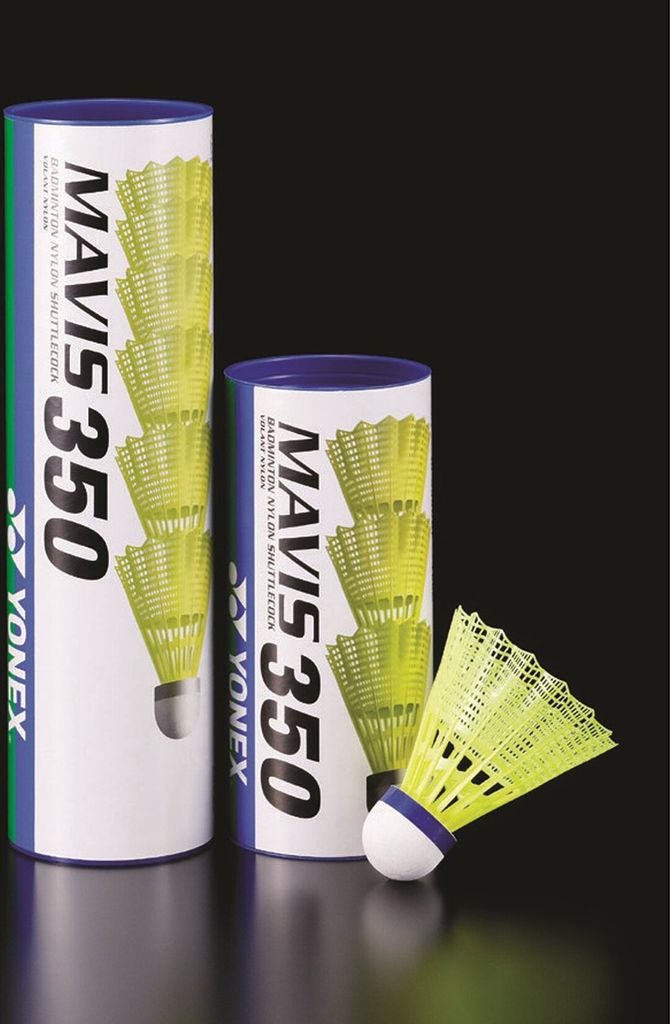 Two cans of YONEX Mavis 350 badminton balls are shown, with one ball in the foreground.