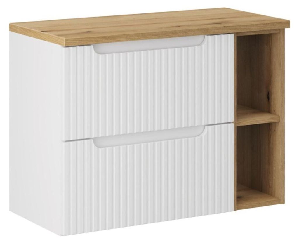 Badezimmer-Set VANO weiß 80cm: Unterschrank mit Schubladen und sichtbaren Nischen + Eichenoptik-Ablage für Waschbecken