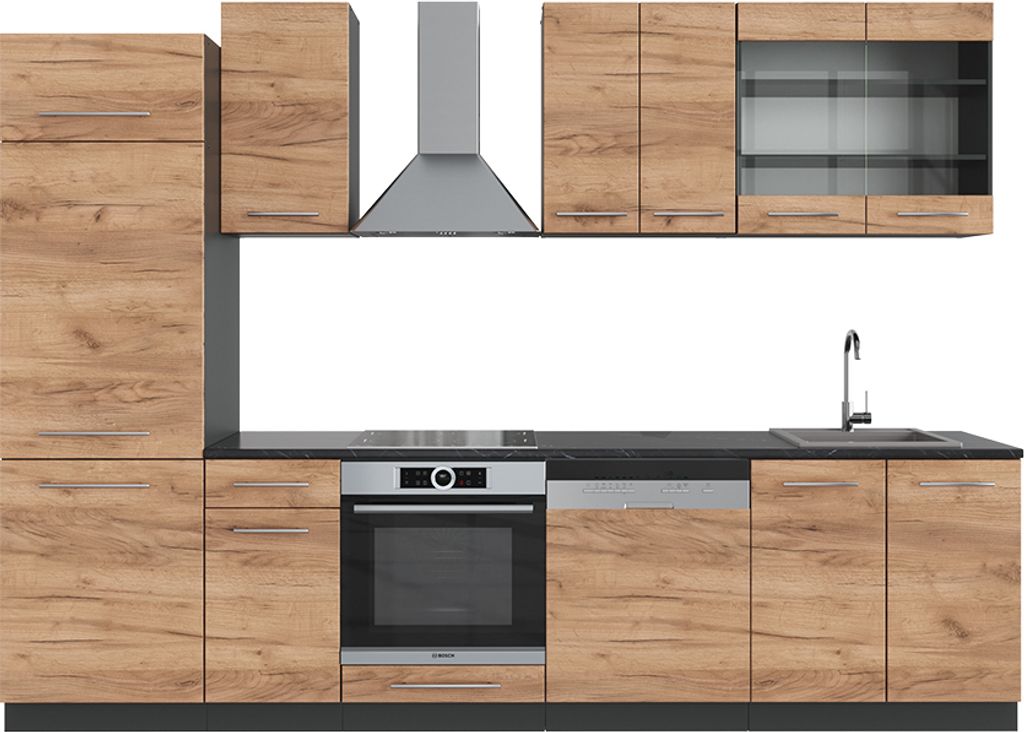 Küchenzeile Vicco Fame-Line Goldkraft Eiche/Anthrazit 300 cm ohne Arbeitsplatte, Model 38656