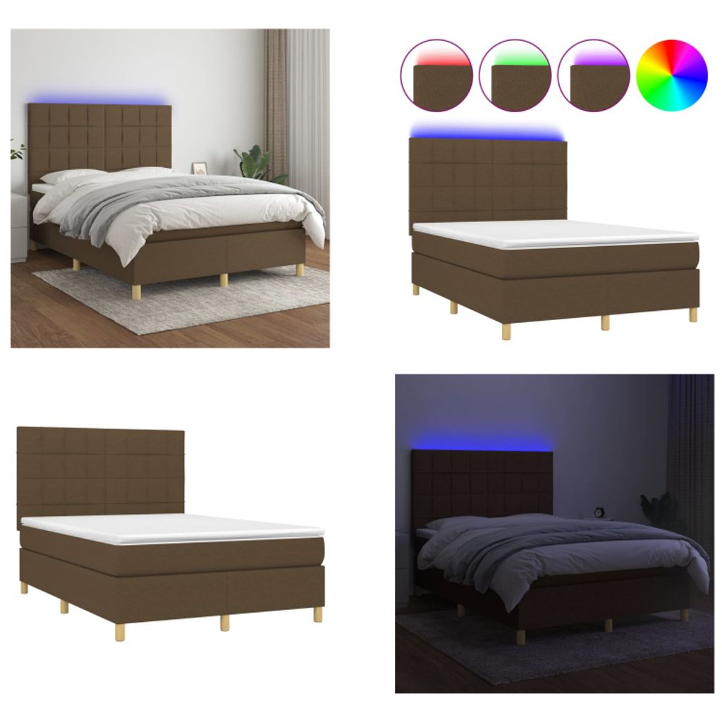 vidaXL Boxspringbett mit Matratze & LED Dunkelbraun 140x200 cm Stoff - Boxspringbett - Boxspringbetten - Bett - Schlafzimmermöbel
